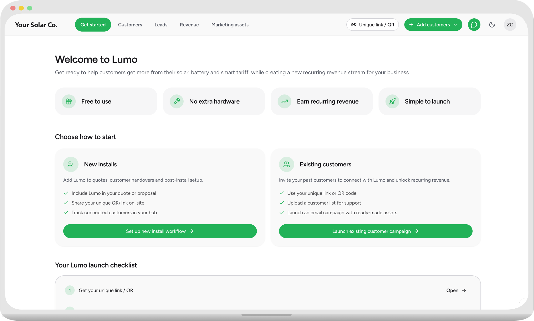 Lumo installer portal Get Started page showing onboarding options