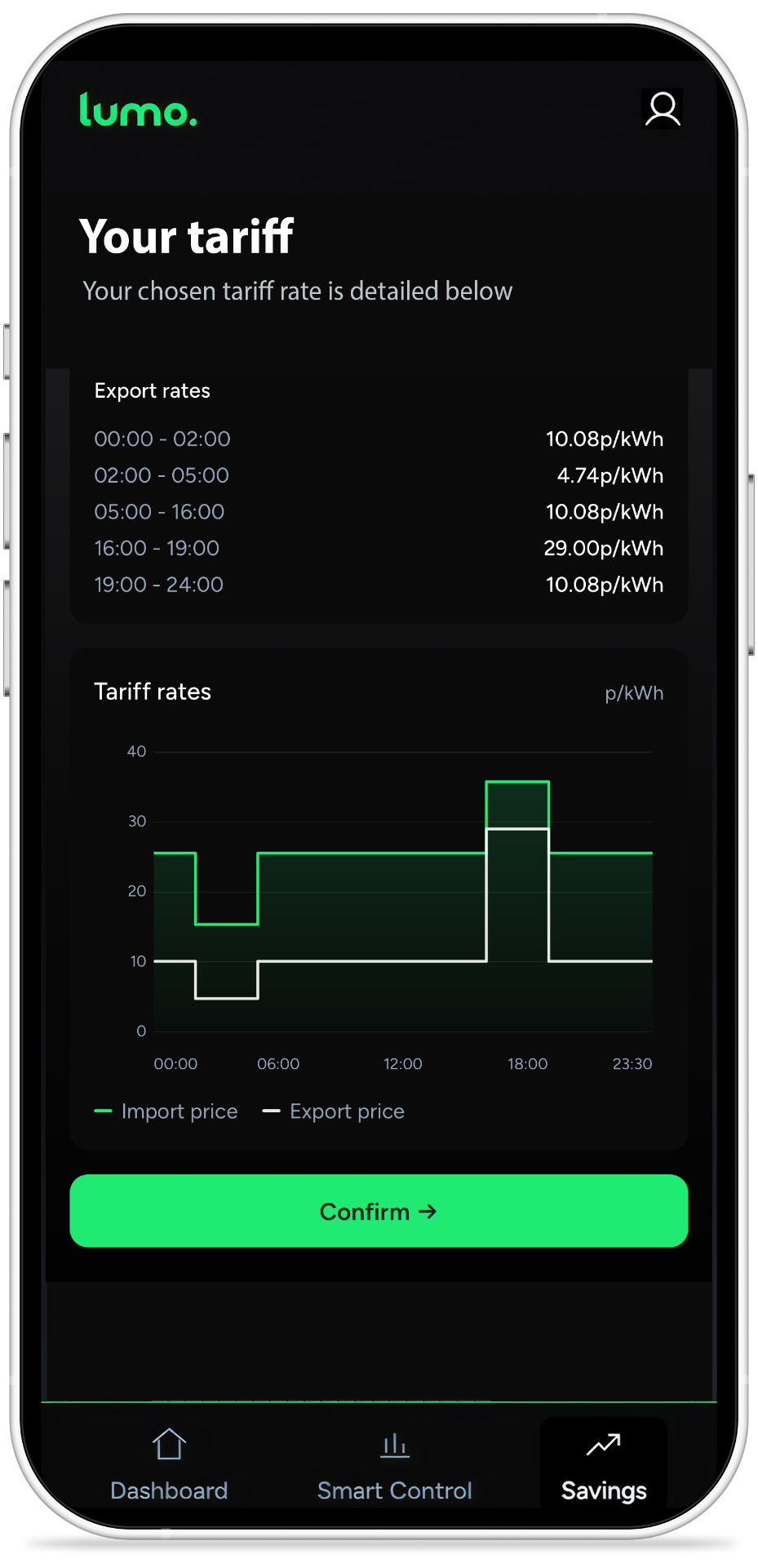 Lumo app — select your tariff