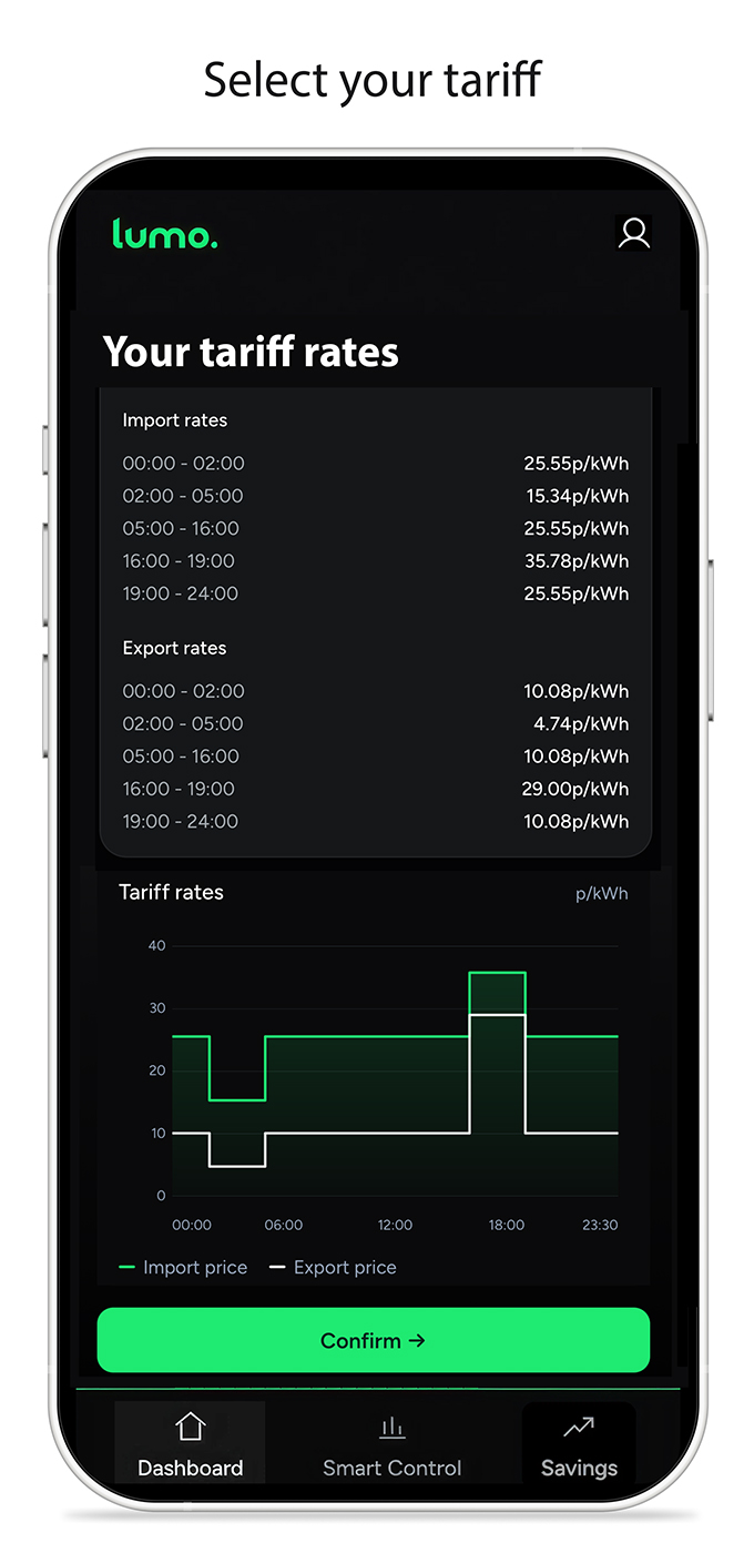 Lumo app, select your tariff