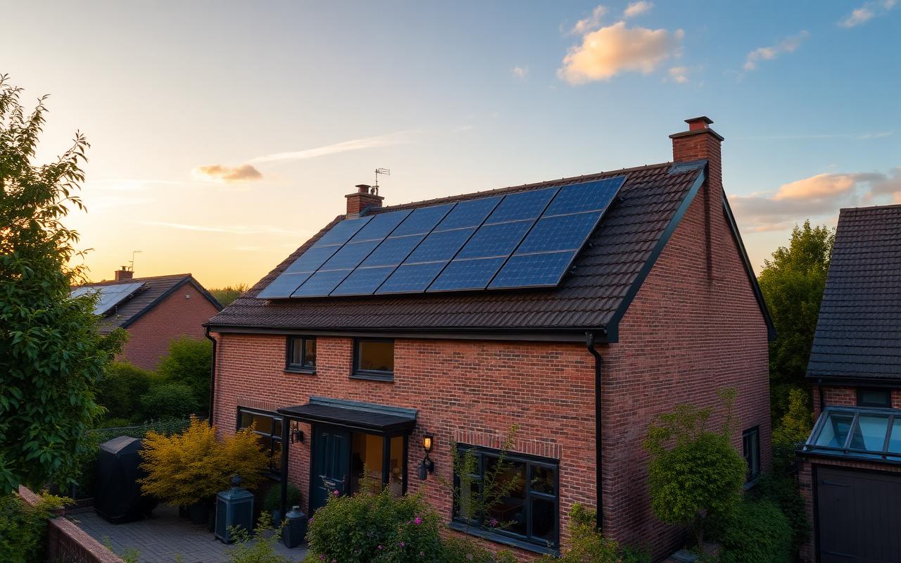 UK home with rooftop solar panels at sunset