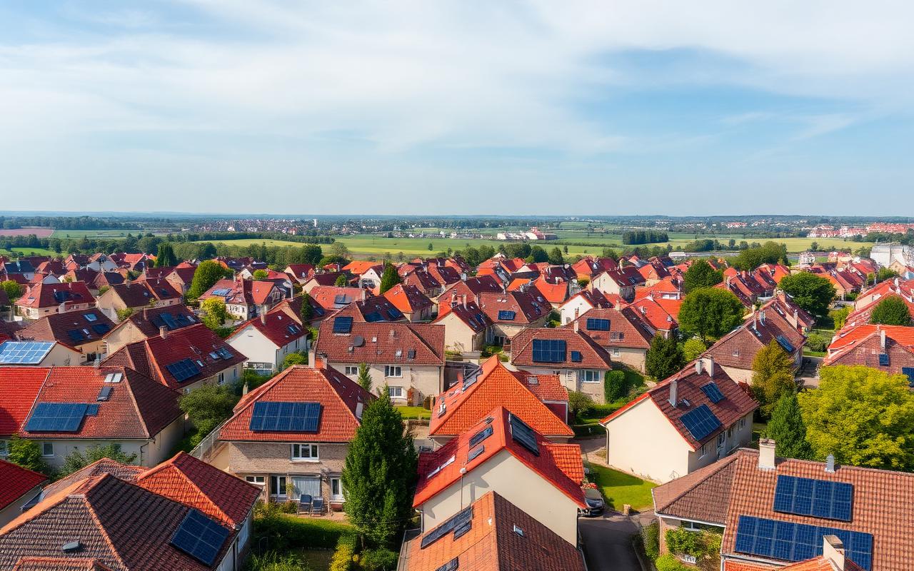 Aerial view of European neighbourhood with solar rooftops