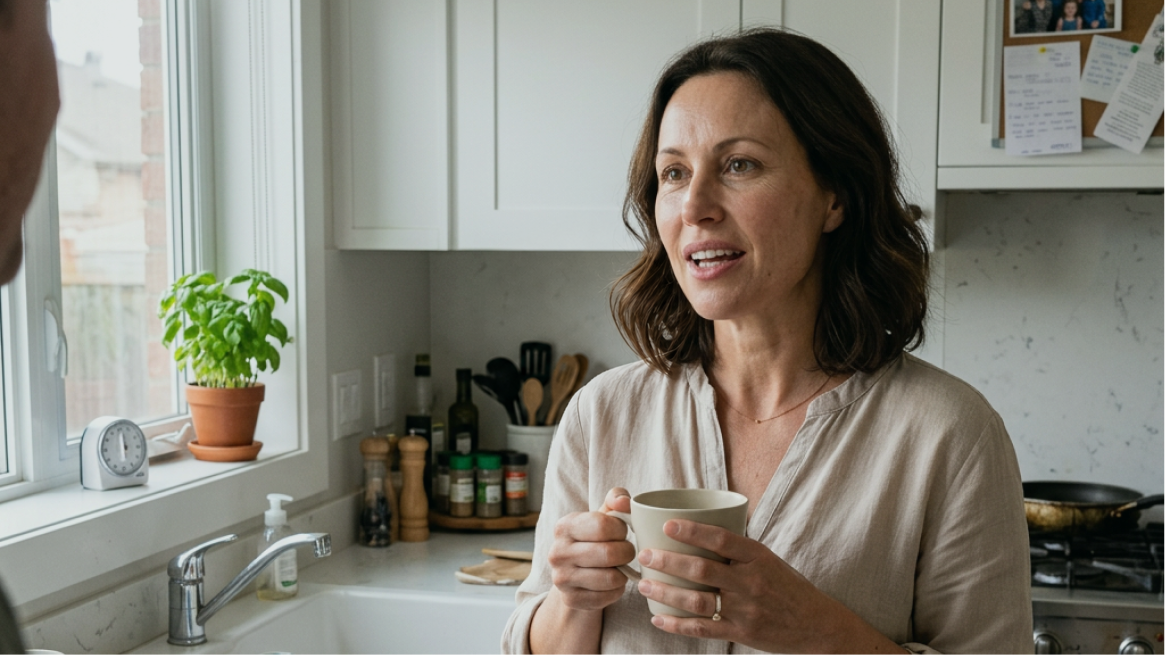 Lumo customer in her kitchen holding a mug